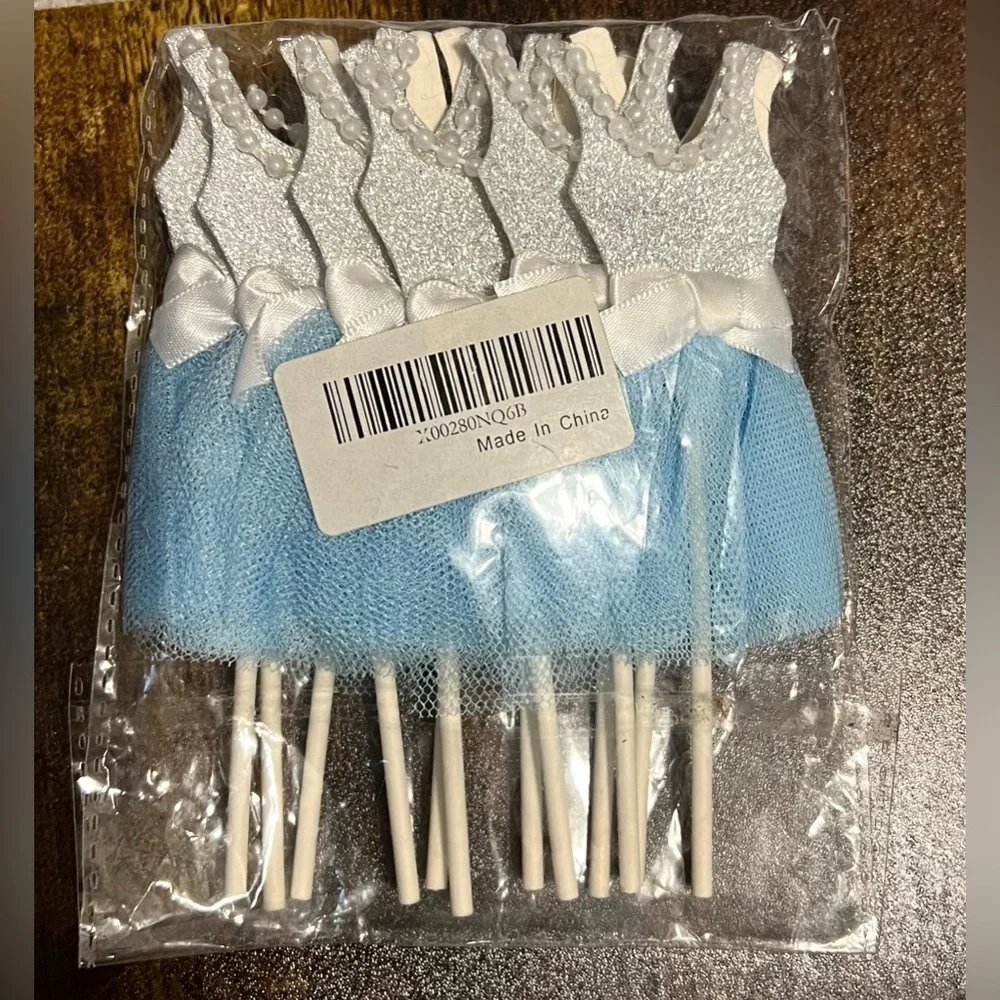 Blue Silver Ballerina Tutu Cake Topper for Girl Birthday Centerpiece Pack of 12